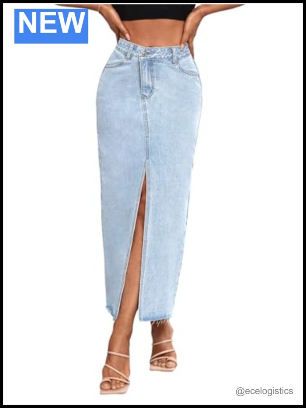 Women's High Waist A-Line Denim Maxi Skirt with Front Split Raw Hem